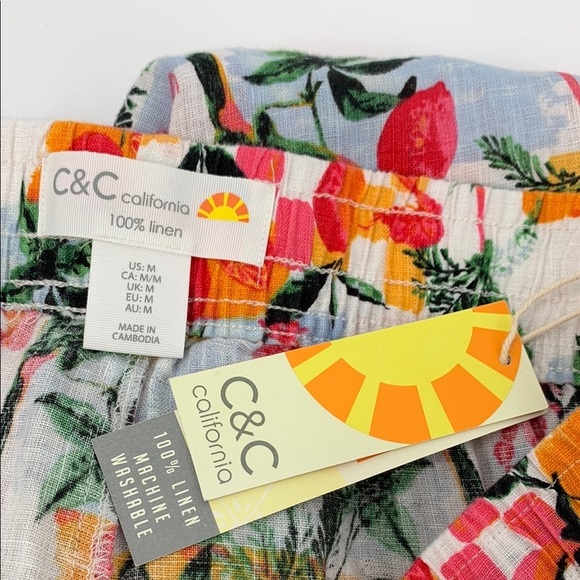 C&C California wide leg cropped ankle linen pants tropical colorful new Medium - Picture 5 of 5